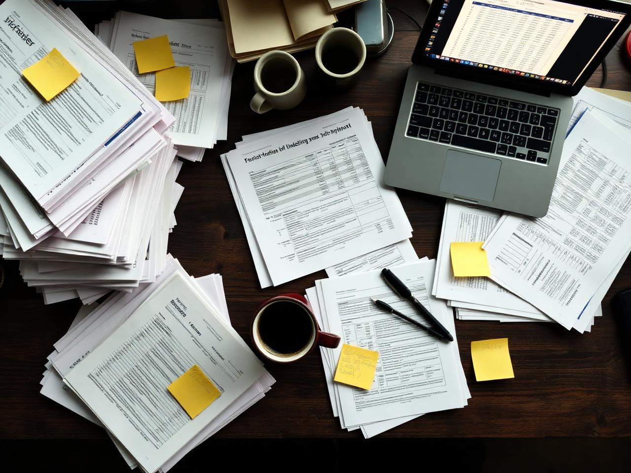 Underwriter desk cluttered with paper submissions, spreadsheets and sticky notes